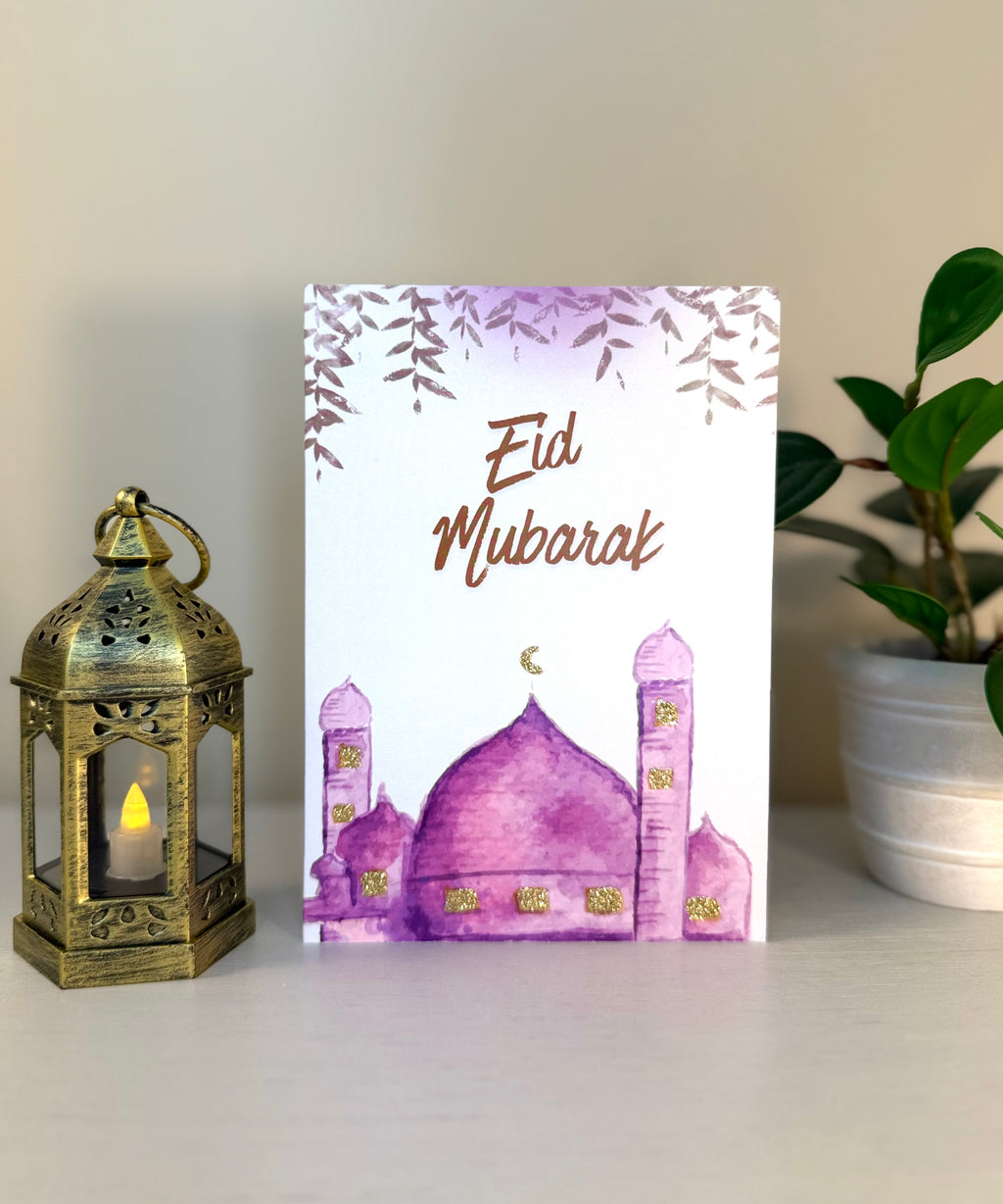 Purple Mosque Eid Mubarak Card - Handmade Islamic Greeting Card