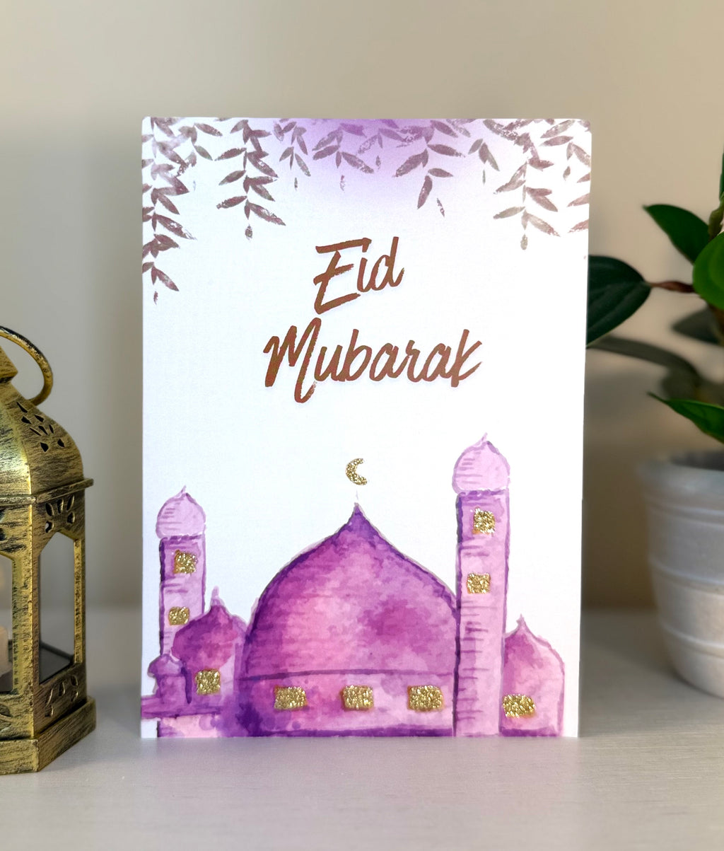 Purple Mosque Eid Mubarak Card - Handmade Islamic Greeting Card