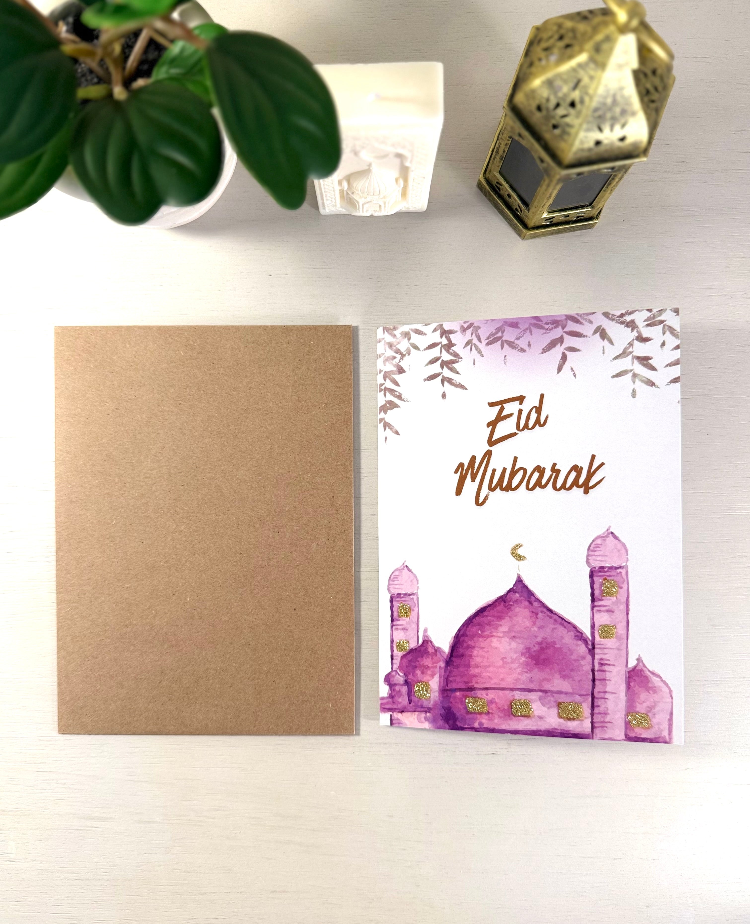 Purple Mosque Eid Mubarak Card - Handmade Islamic Greeting Card